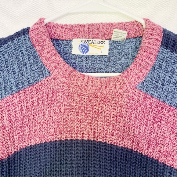 Vintage Blue Red Crewneck Cable Knit Sweater L - Picture 2 of 6